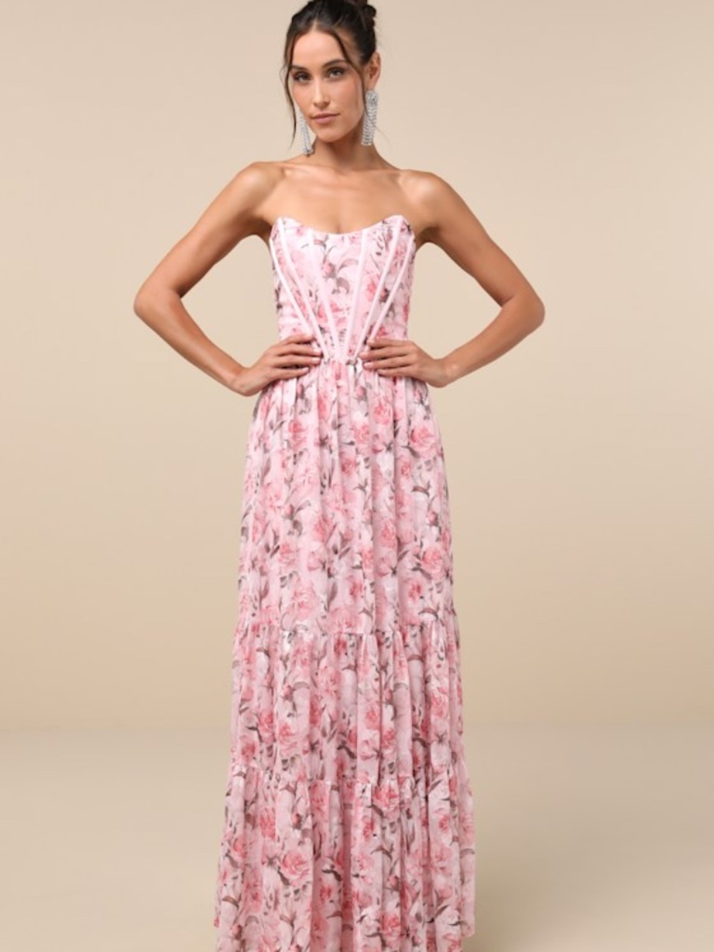 Lulus Special Moment Pink Floral Strapless Bustier Maxi Dress - Size L